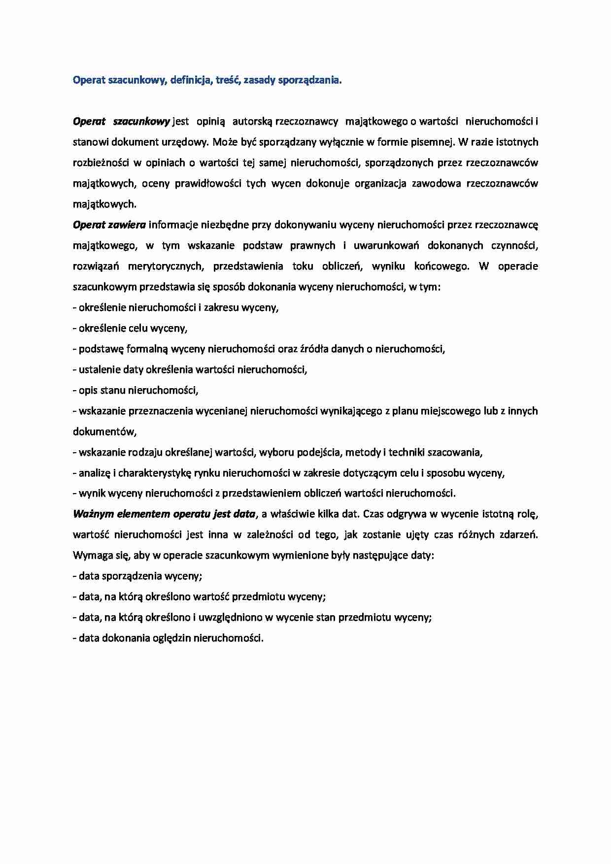 Operat szacunkowy, definicja, treść, zasady sporządzania- opracowanie - strona 1