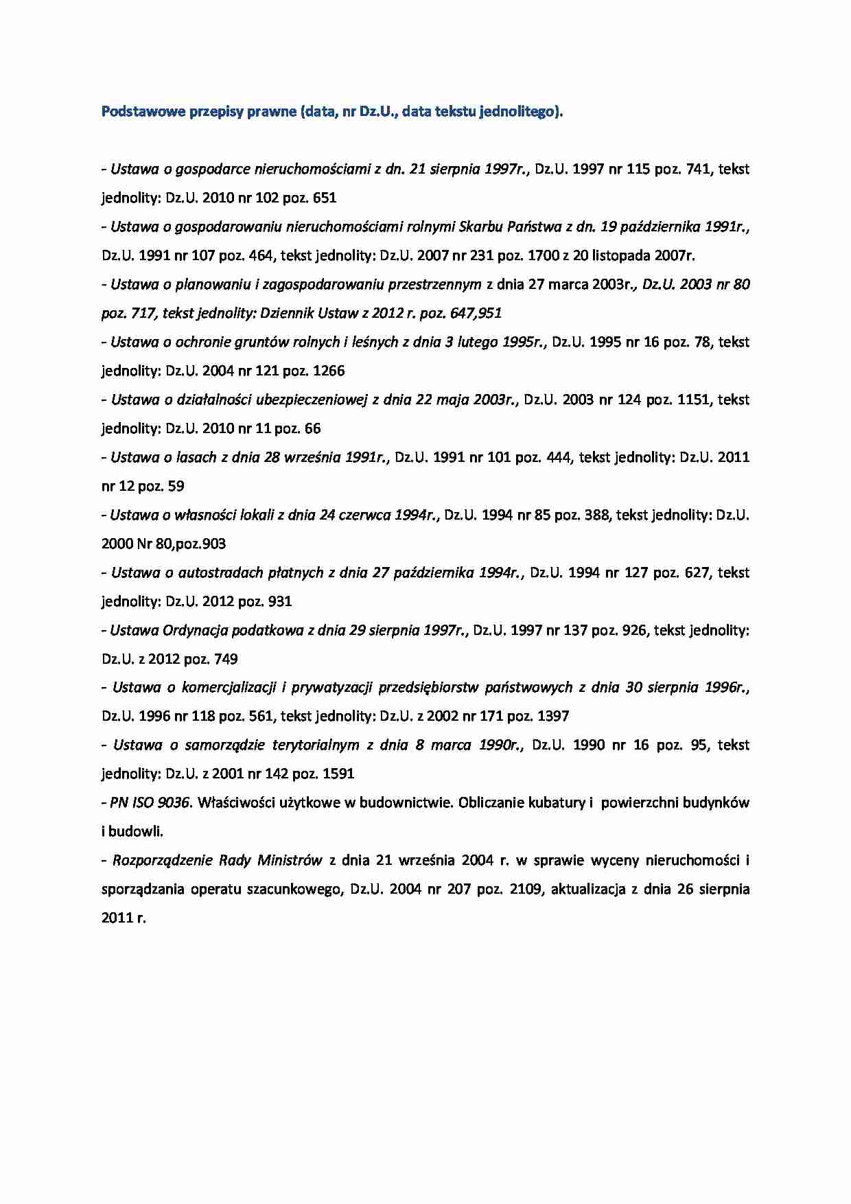 Podstawowe przepisy prawne dotyczące wyceny nieruchomości- spis - strona 1