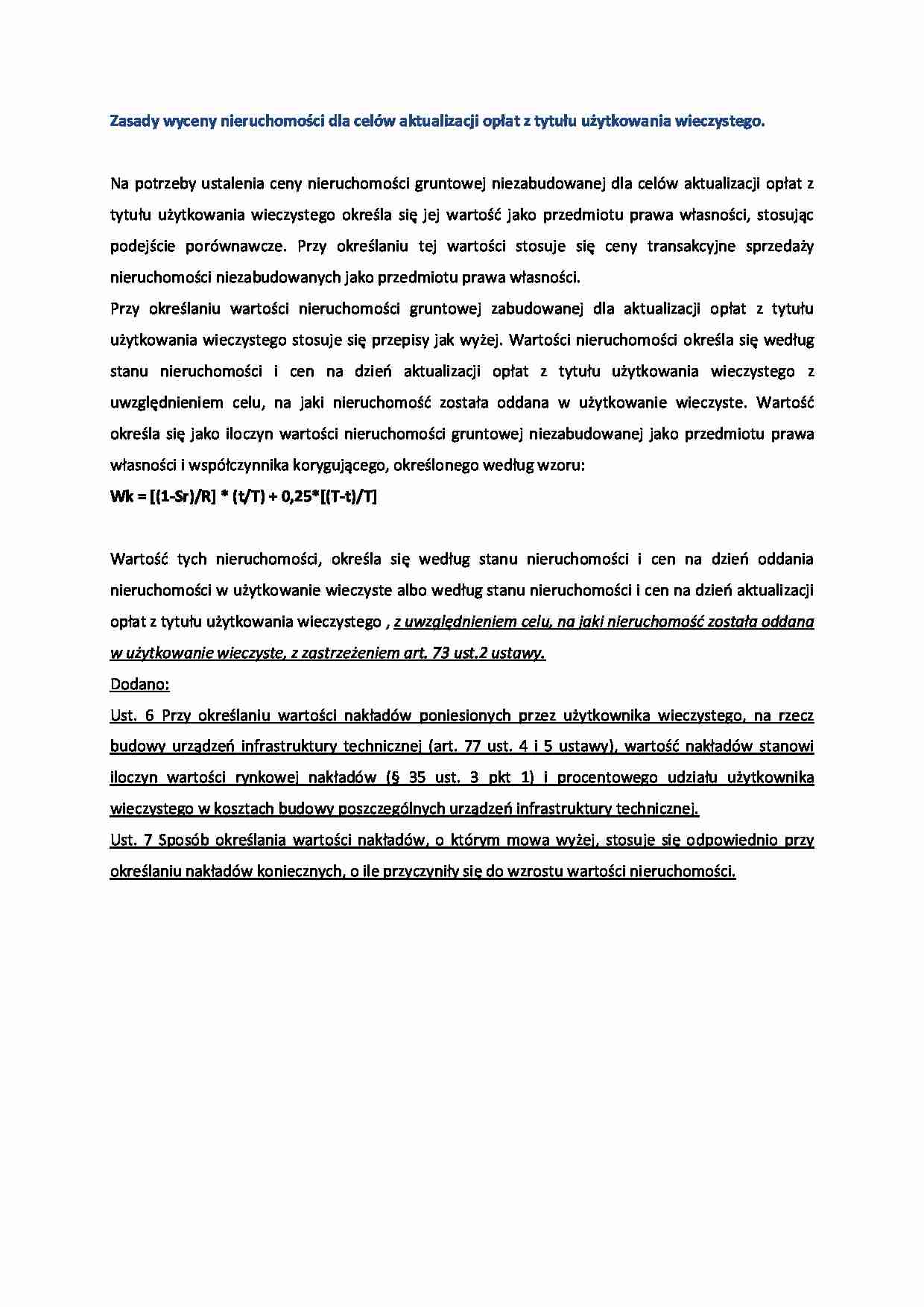 Zasady wyceny nieruchomości dla celów aktualizacji opłat z tytułu użytkowania wieczystego- opracowanie - strona 1