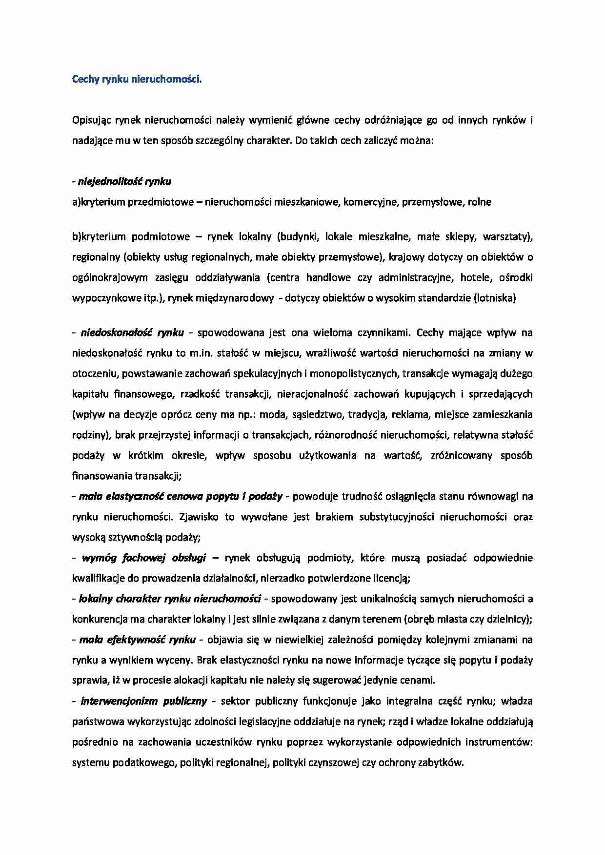 Cechy rynku nieruchomości- opracowanie - strona 1