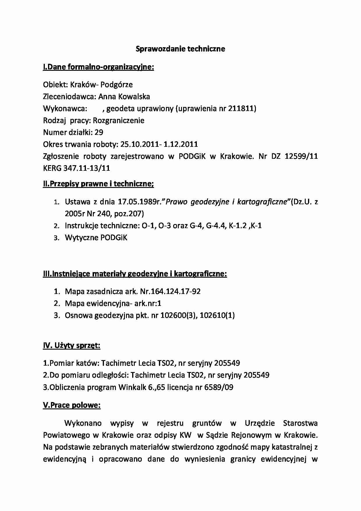 Operat pomiarowy rozgraniczenie- opracowanie - strona 1