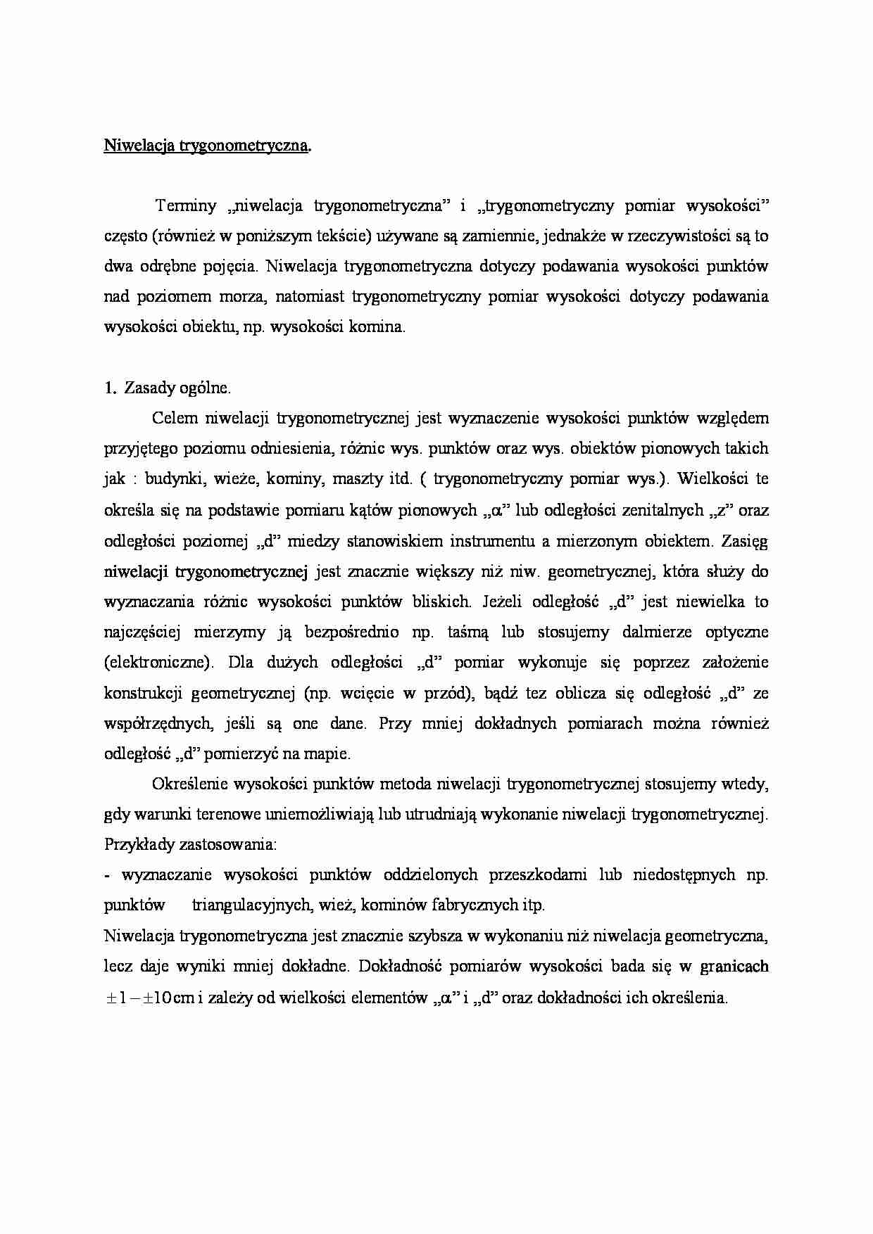 Niwelacja trygonometryczna- opracowanie - strona 1