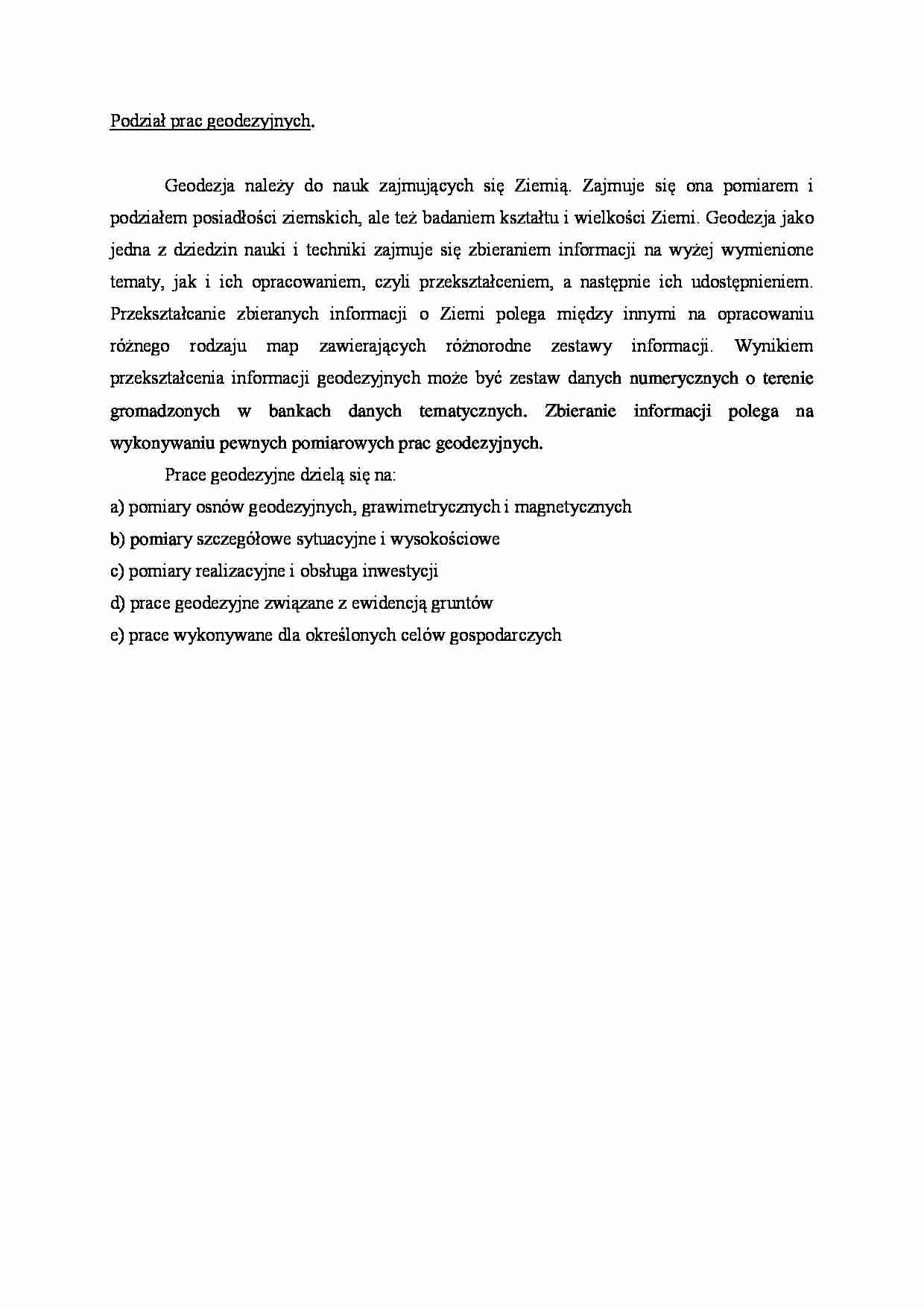 Podział prac geodezyjnych- opracowanie - strona 1