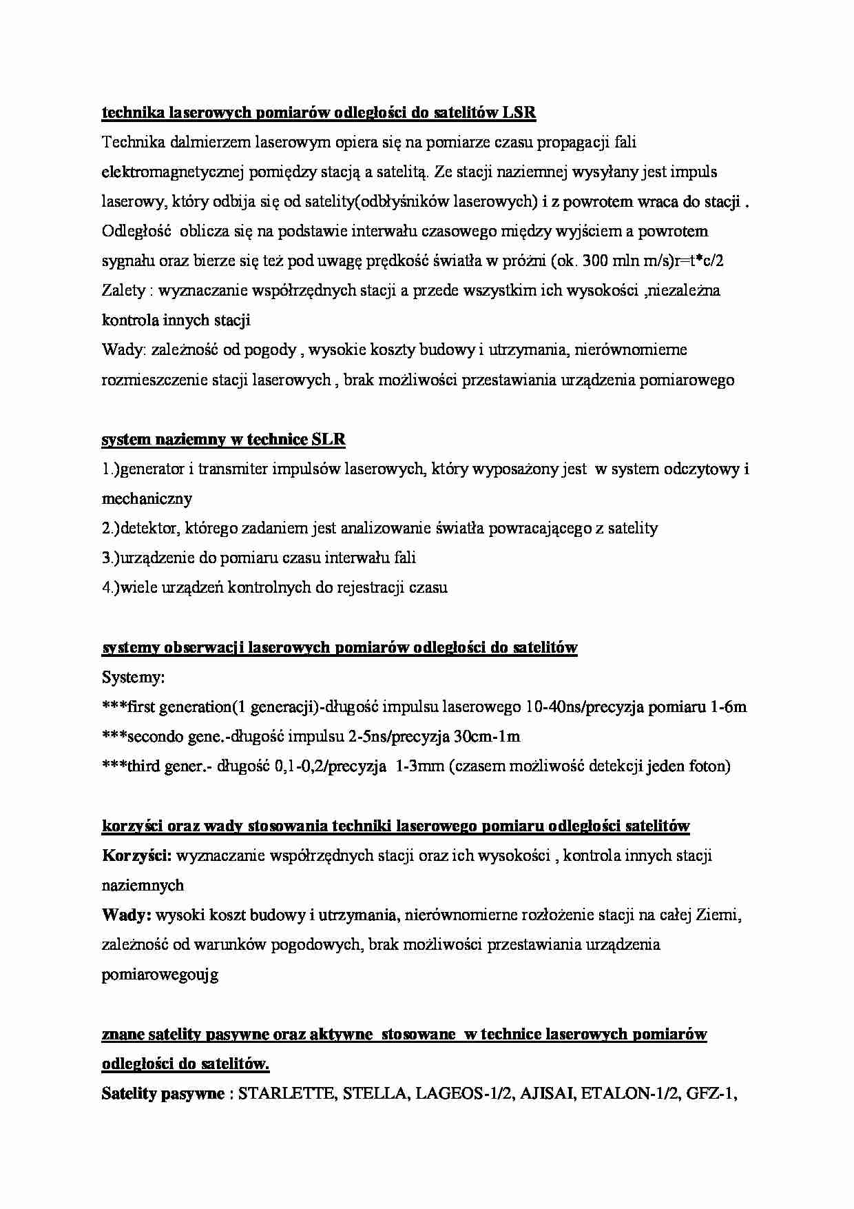 Technika laserowych pomiarów odległości do satelitów LSR- opracowanie - strona 1