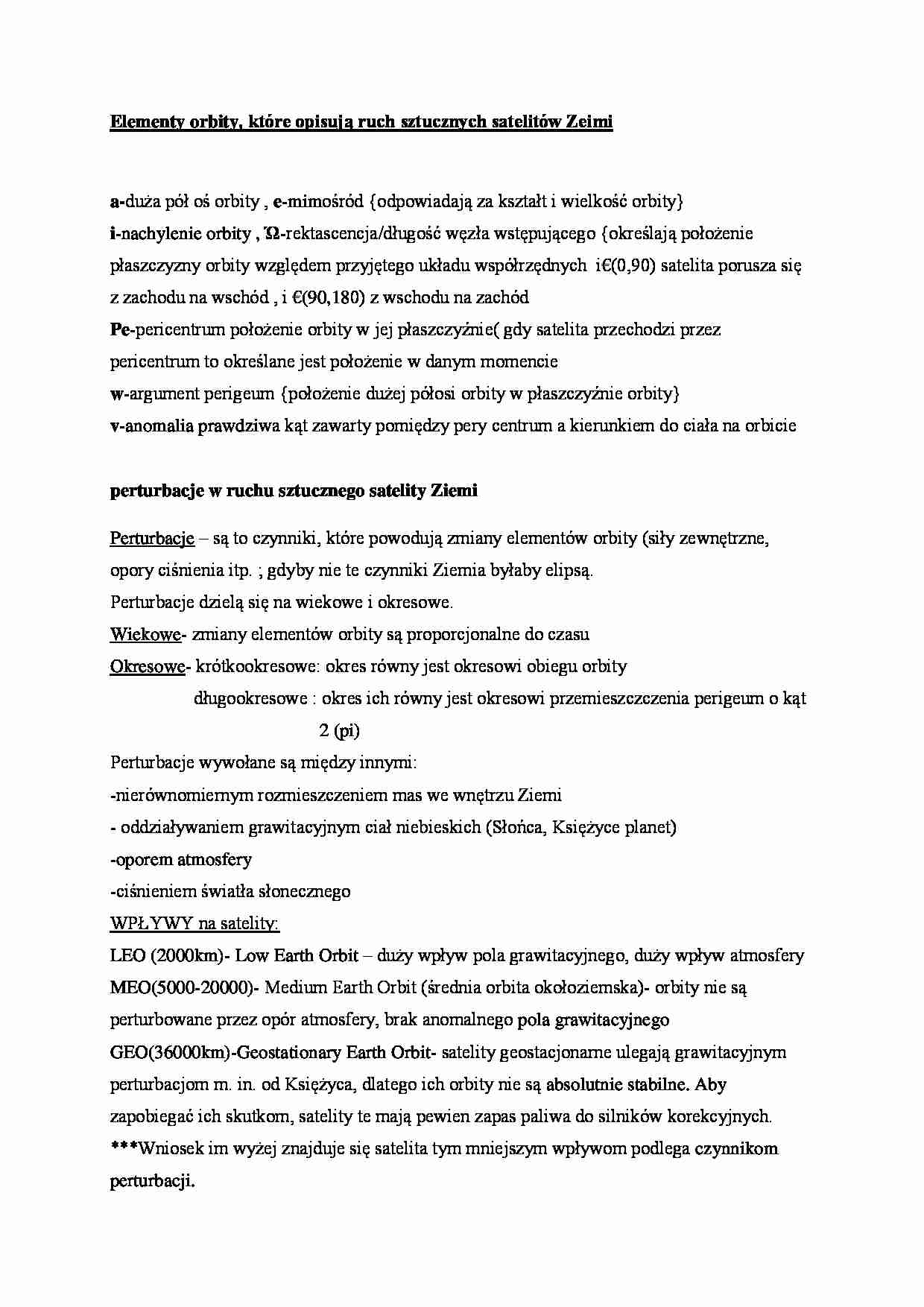 Elementy orbity, które opisują ruch sztucznych satelitów Zeimi- opracowanie - strona 1