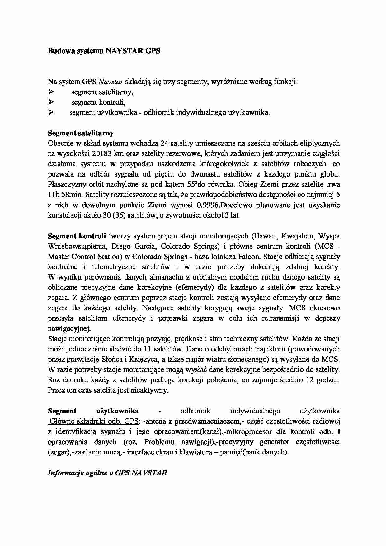 Budowa systemu NAVSTAR GPS- opracowanie - strona 1