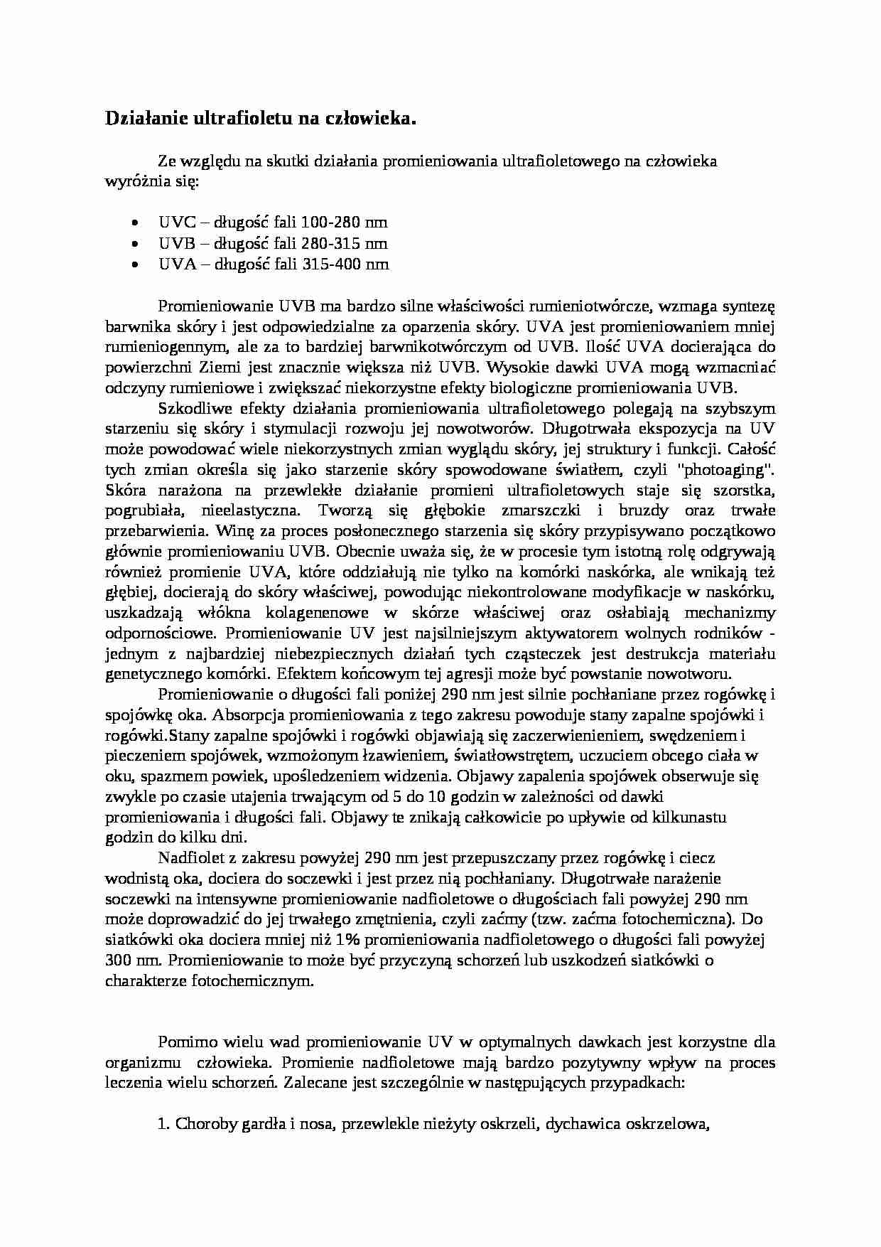 Działanie ultrafioletu na człowieka - wykład - strona 1