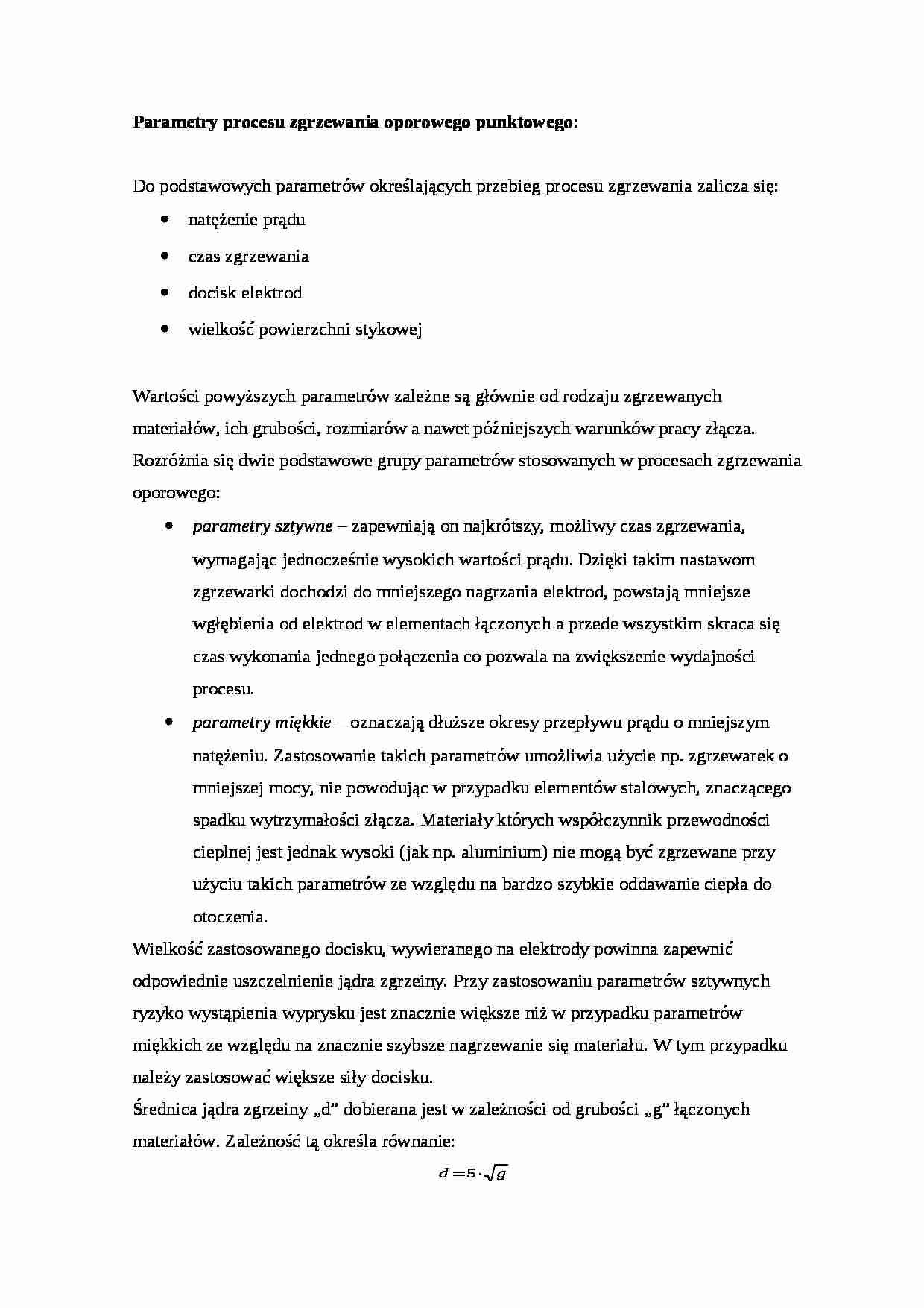 Parametry procesu zgrzewania oporowego punktowego - wykład - strona 1