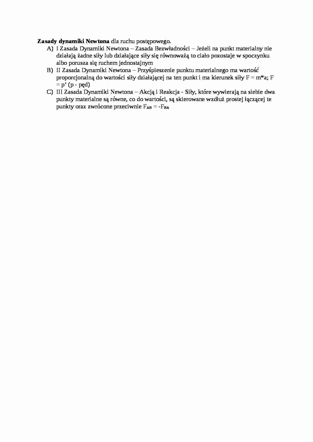 Zasady dynamiki Newtona dla ruchu postępowego - opracowanie - strona 1