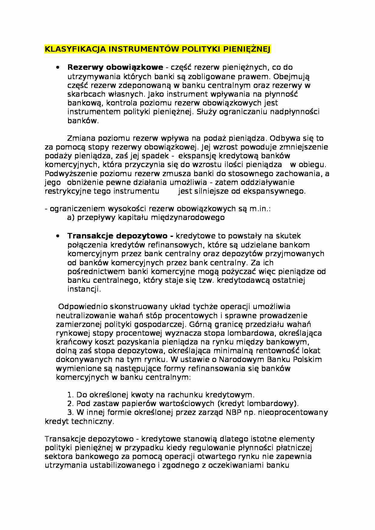 KLASYFIKACJA INSTRUMENTÓW POLITYKI PIENIĘŻNEJ - strona 1