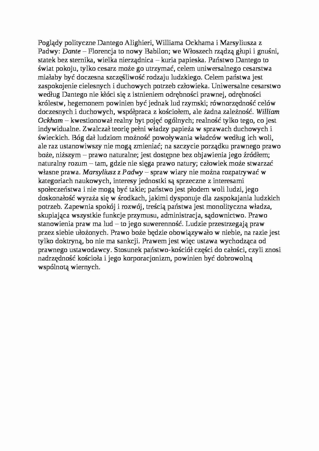 Poglądy polityczne D. Alighieri, W. Ockhama i Marsyliusza z Padwy - strona 1