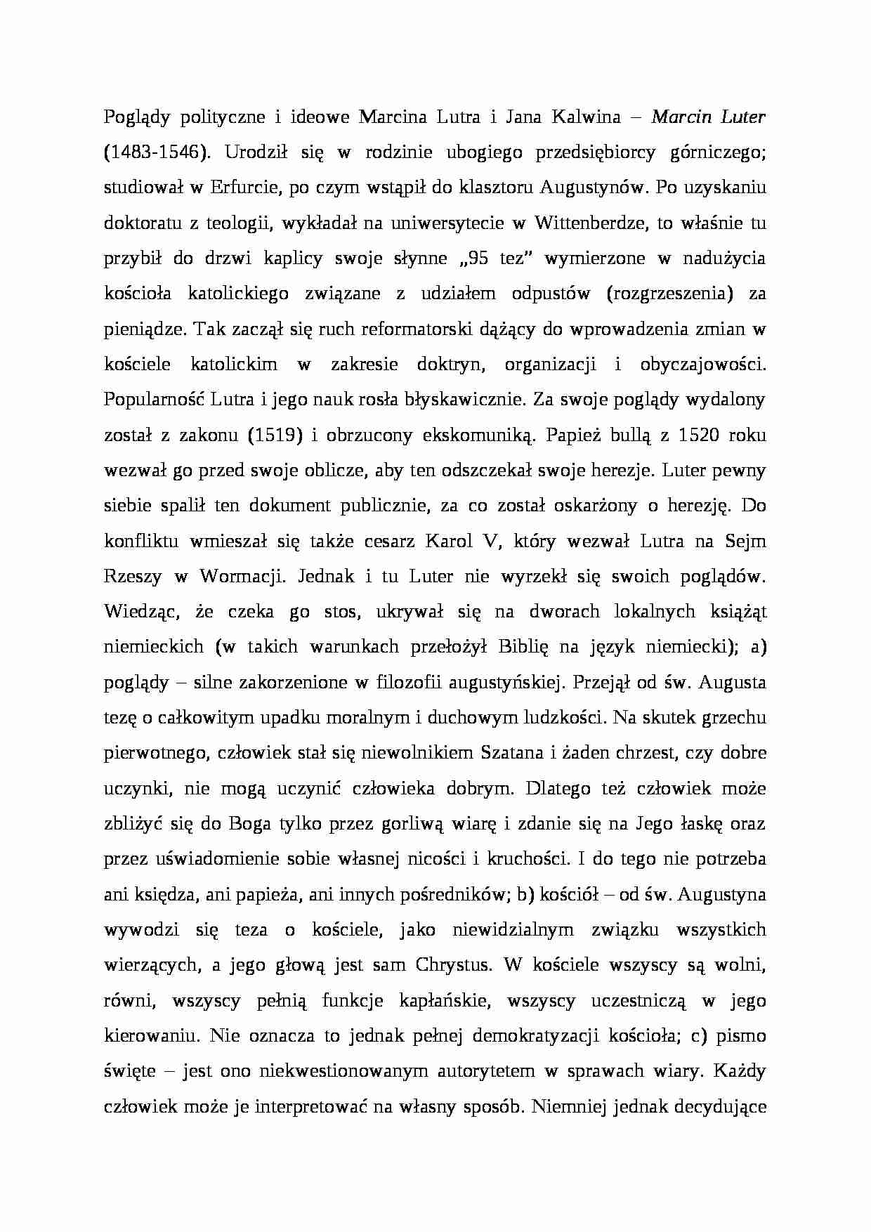Poglądy polityczne i ideowe Lutra i Kalwina - strona 1