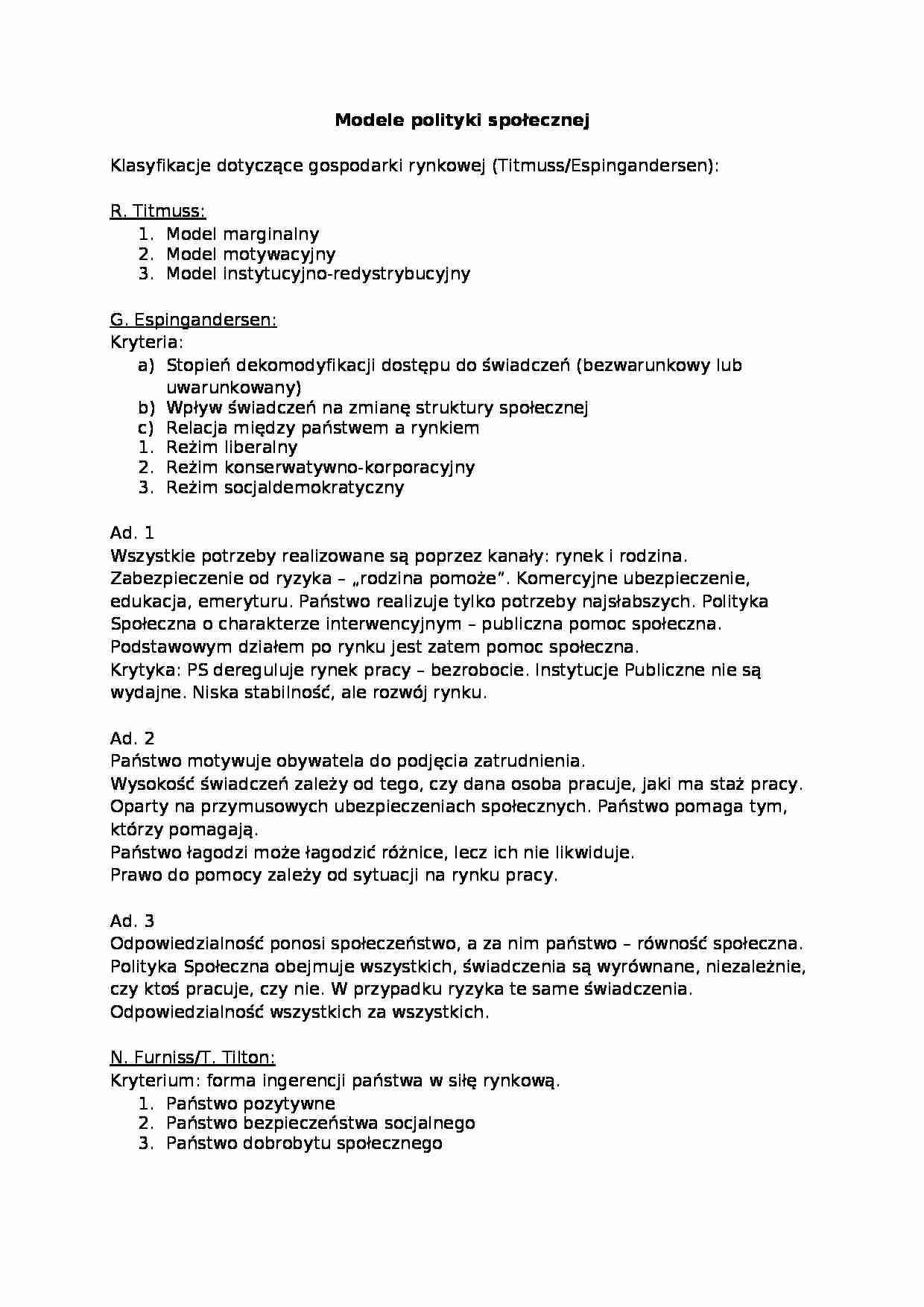 Modele polityki społecznej - Model marginalny  - strona 1