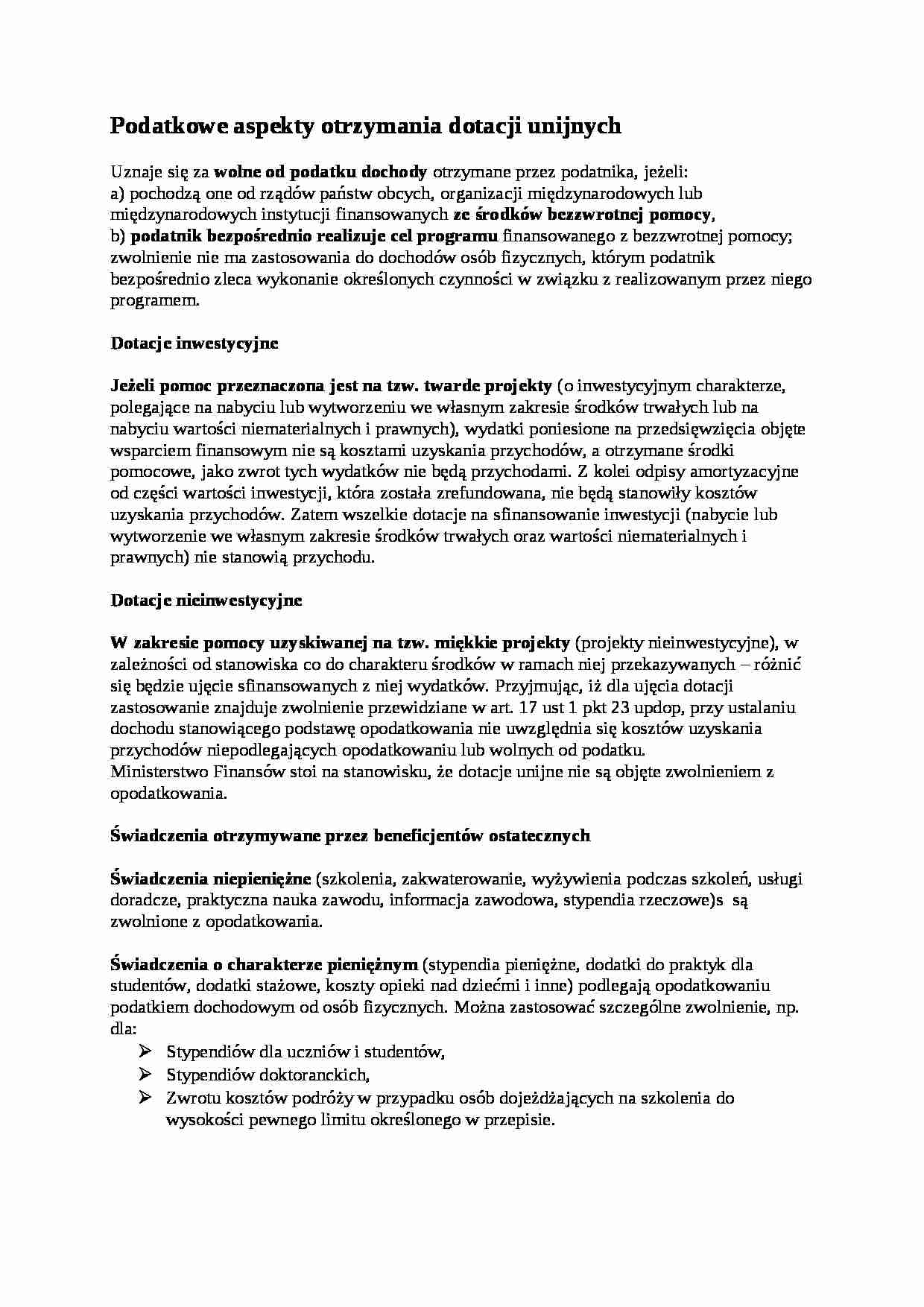 Podatkowe aspekty otrzymania dotacji unijnych - strona 1
