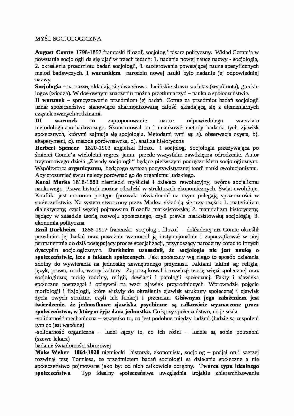 MYŚL SOCJOLOGICZNA - wykład - strona 1