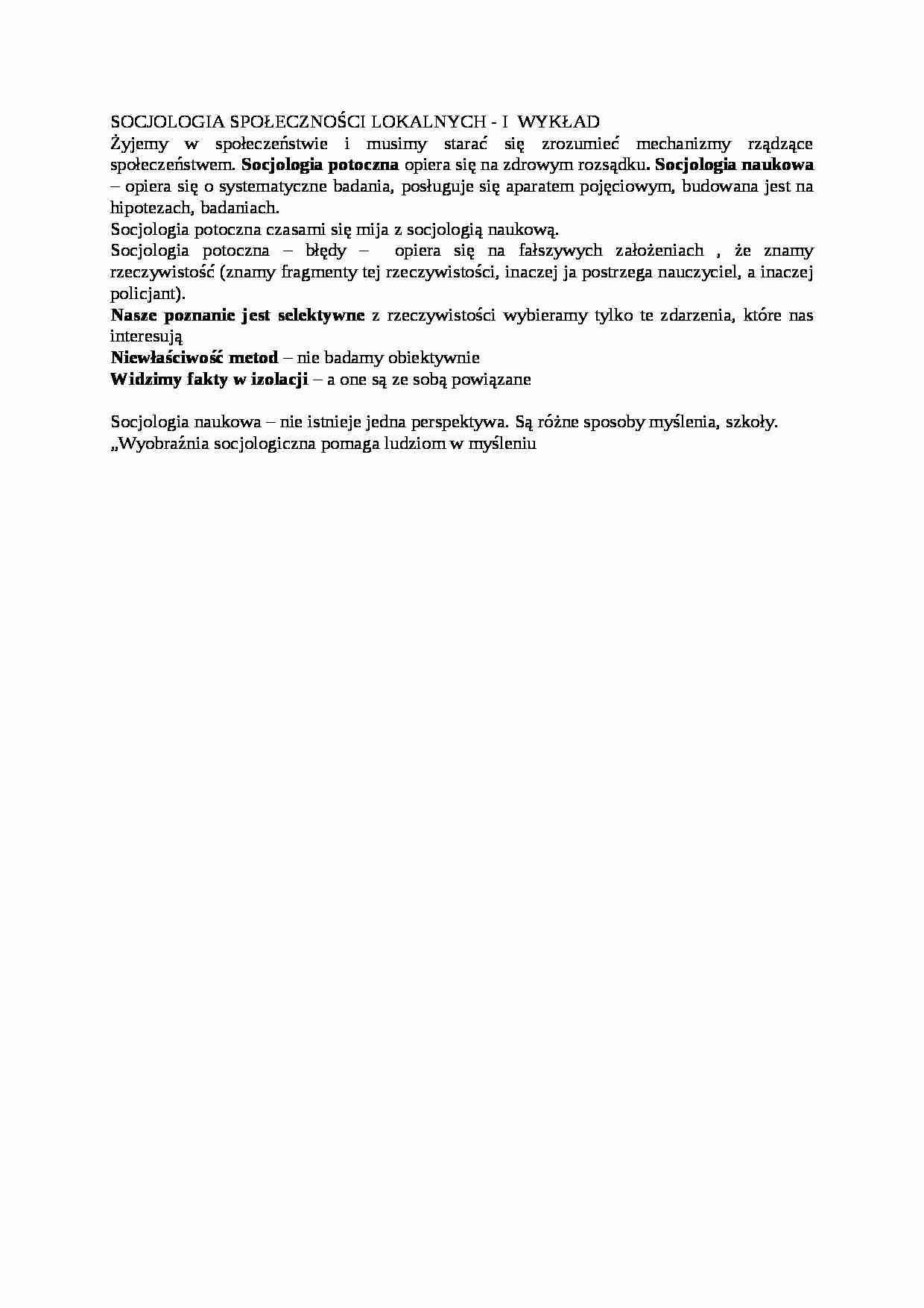 SOCJOLOGIA SPOŁECZNOŚCI LOKALNYCH - wykład - strona 1