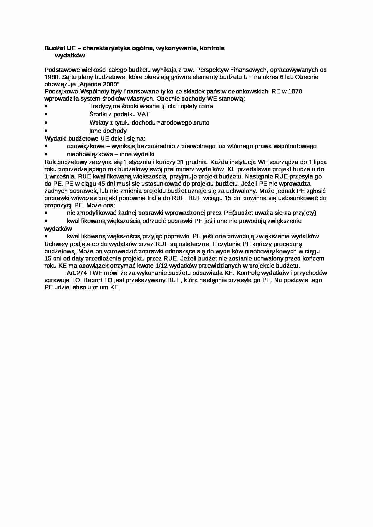 Budżet UE - charakterystyka ogólna, wykonywanie, kontrola  - strona 1
