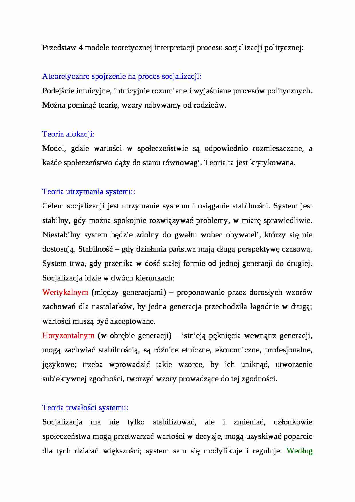  4 modele teoretycznej interpretacji procesu socjalizacji politycznej - strona 1