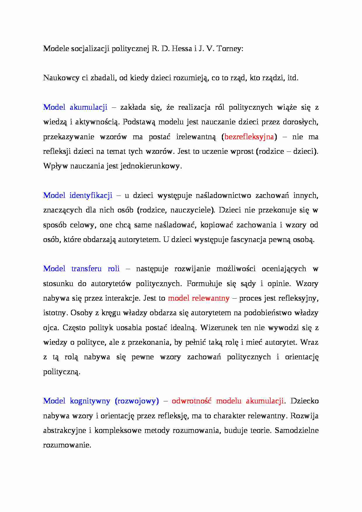 Modele socjalizacji politycznej R.D. Hessa i J.V. Torney - strona 1