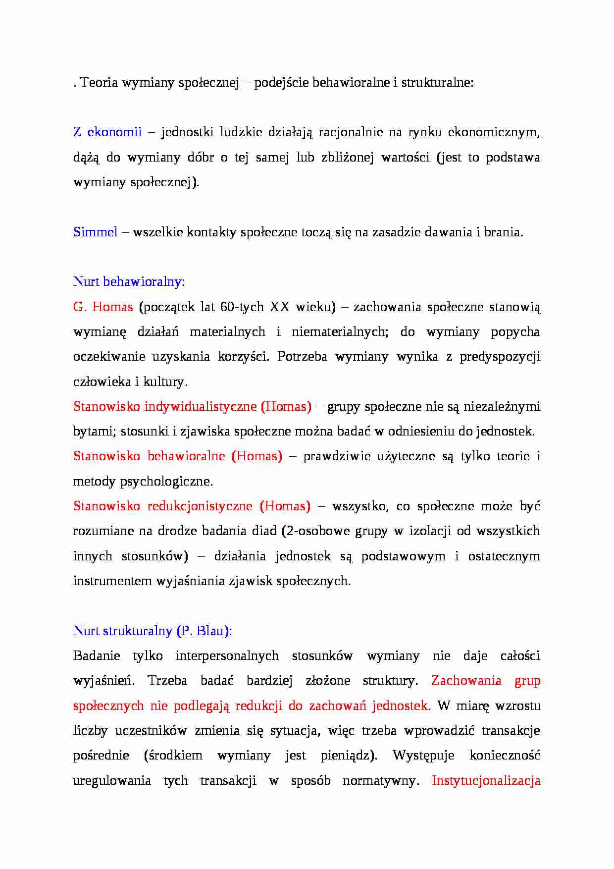 Teoria wymiany społecznej - podejście behawioralne i strukturalne - strona 1