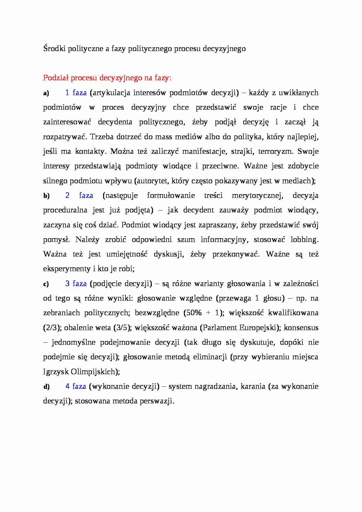 Środki polityczne a fazy politycznego procesu decyzyjnego - strona 1