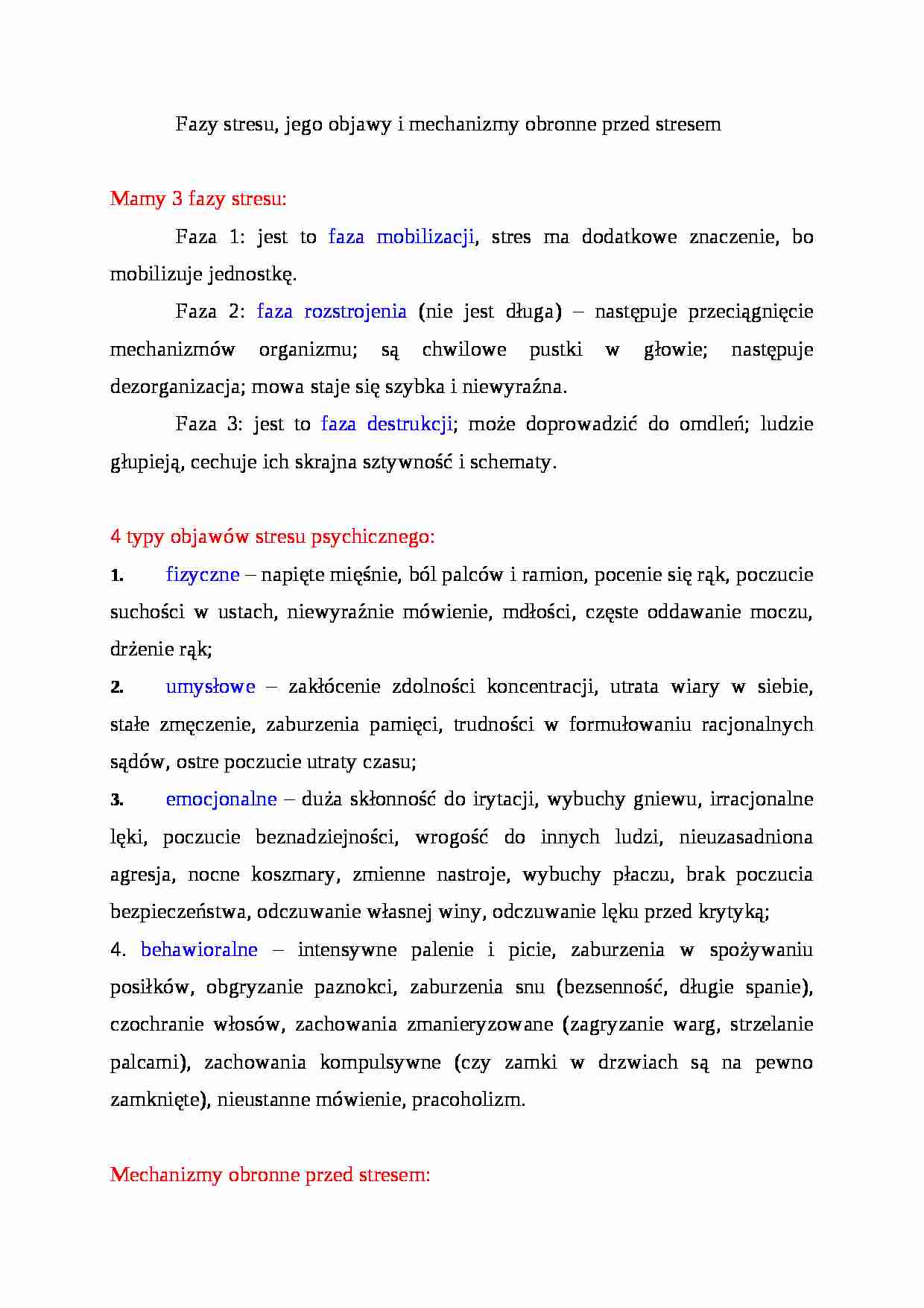 Fazy stresu, jego objawy i mechanizmy obronne przed stresem - strona 1