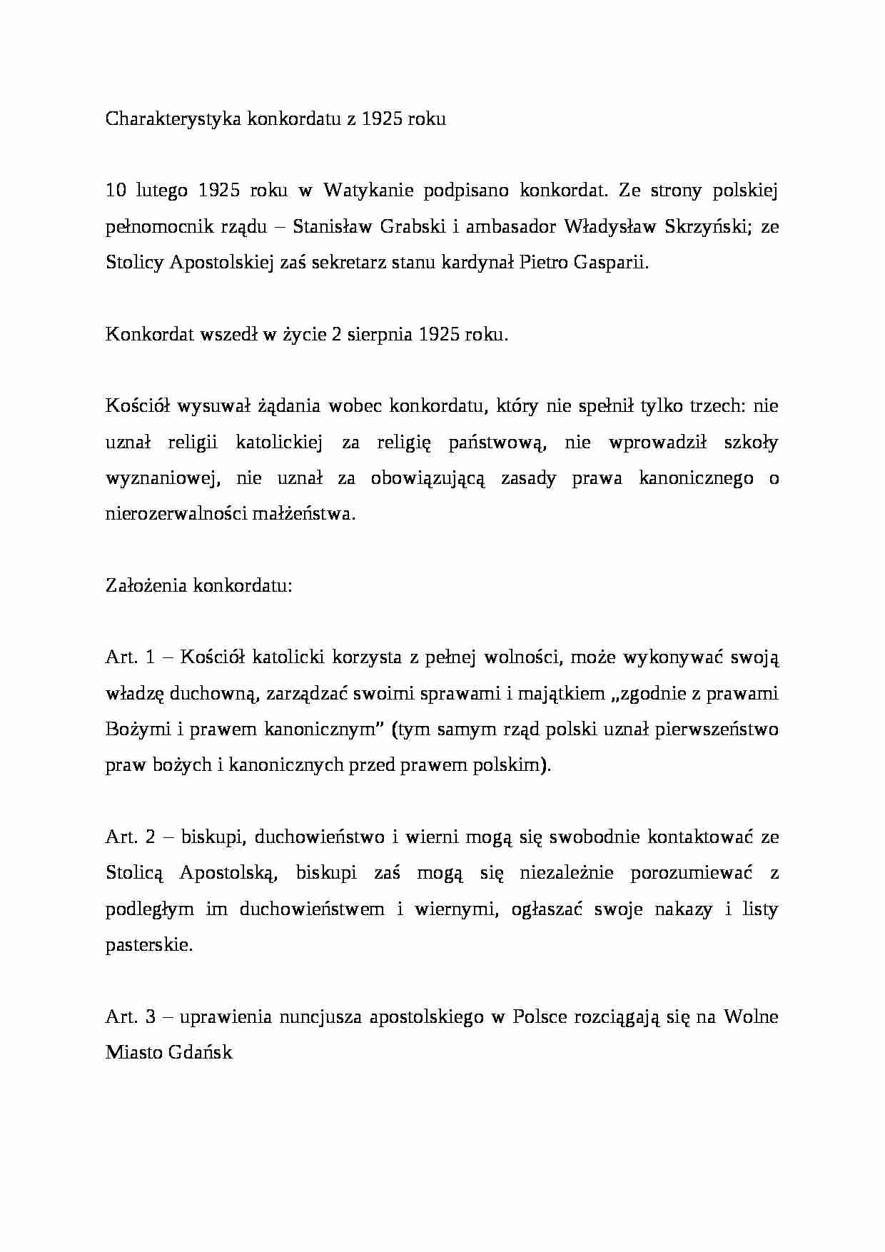 Charakterystyka konkordatu z 1925 roku - strona 1