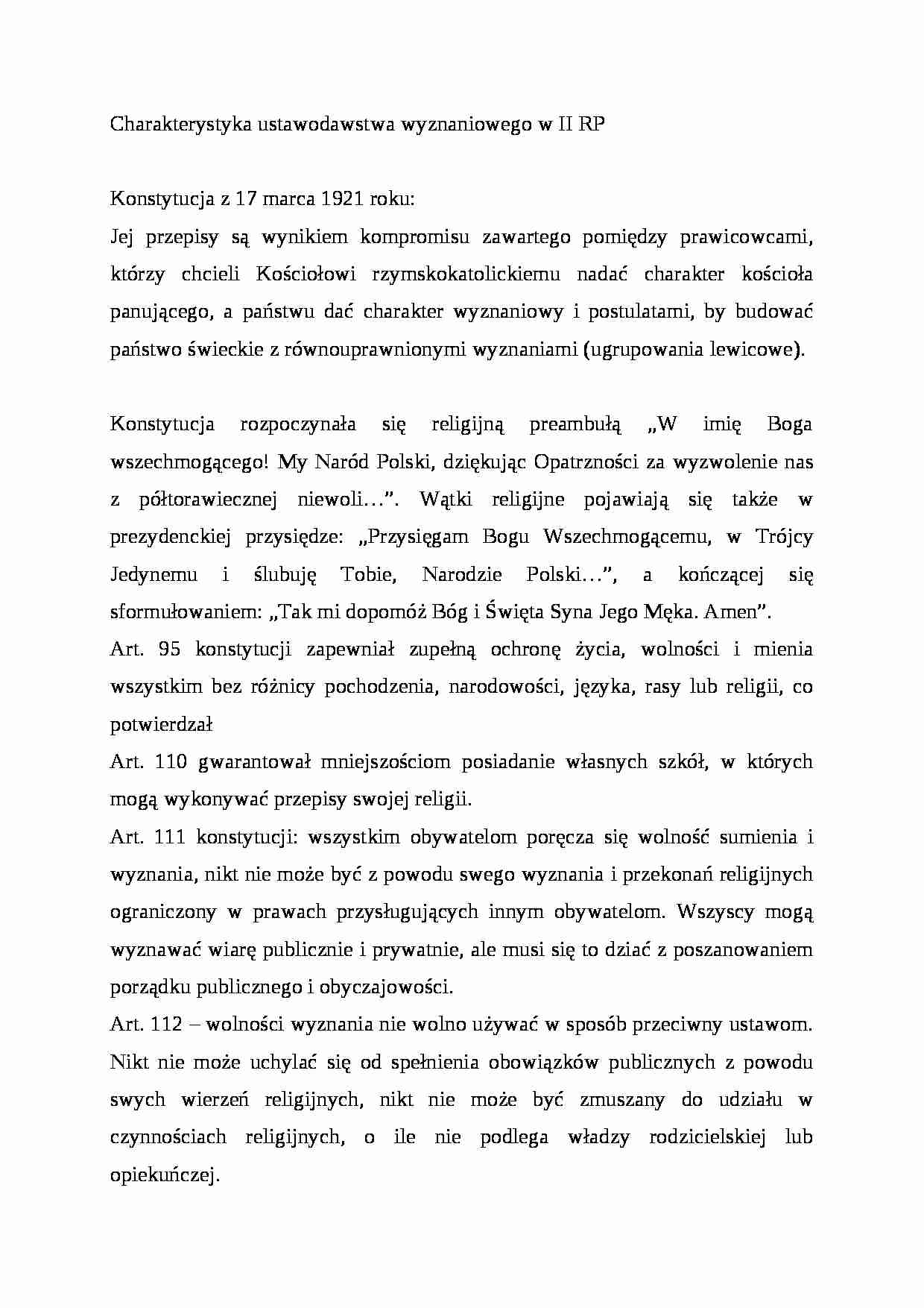 Charakterystyka ustawodawstwa wyznaniowego w II RP - strona 1