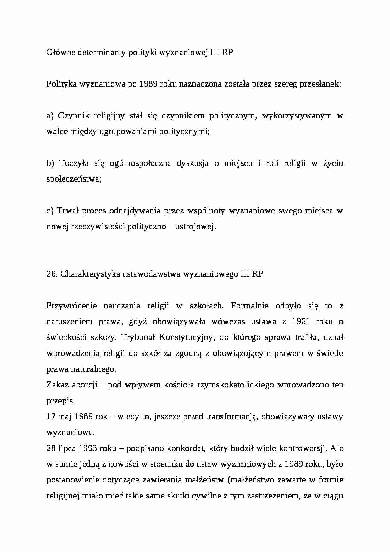 Główne determinanty polityki wyznaniowej III RP - strona 1