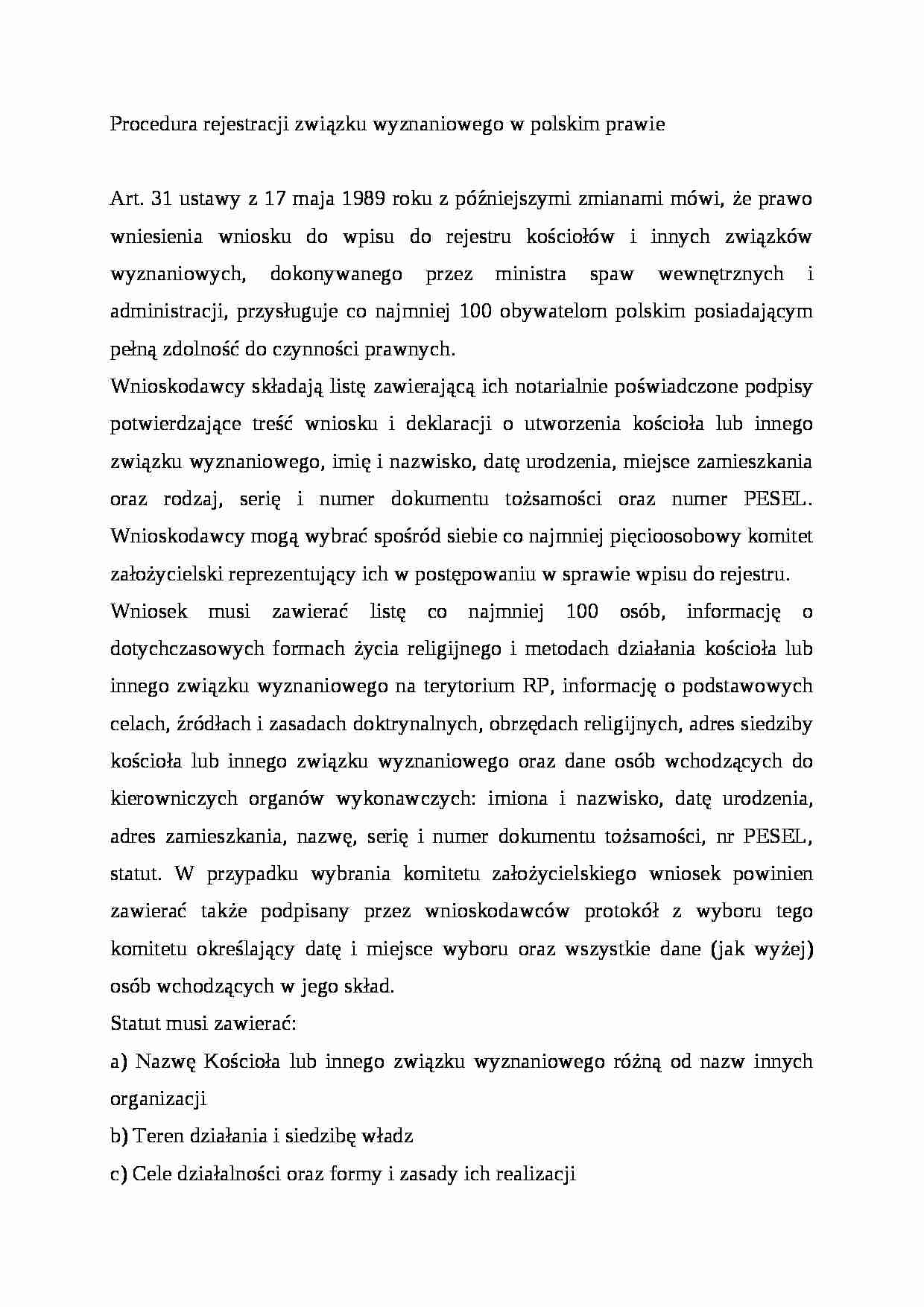 Procedura rejestracji związku wyznaniowego w polskim prawie - strona 1