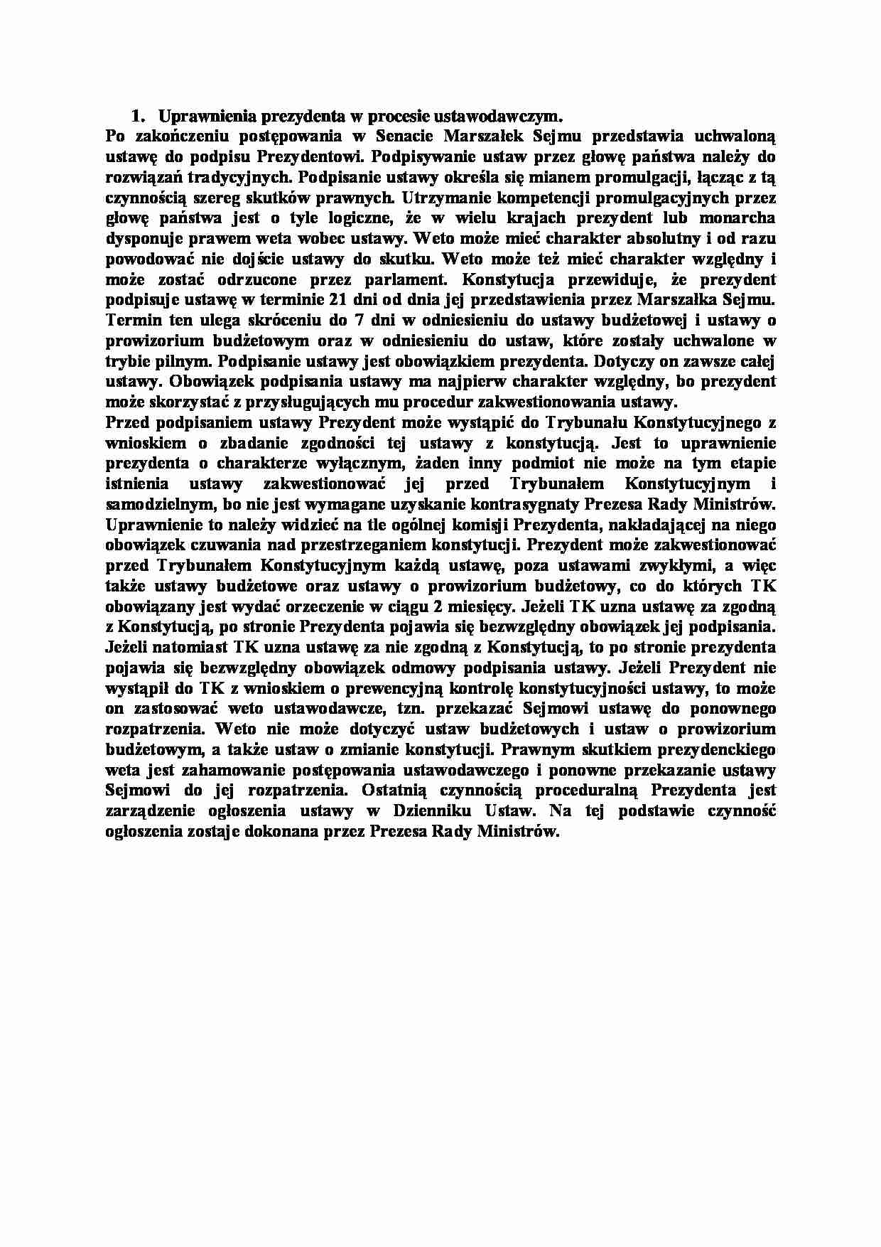 Uprawnienia prezydenta w procesie ustawodawczym-opracowanie - strona 1