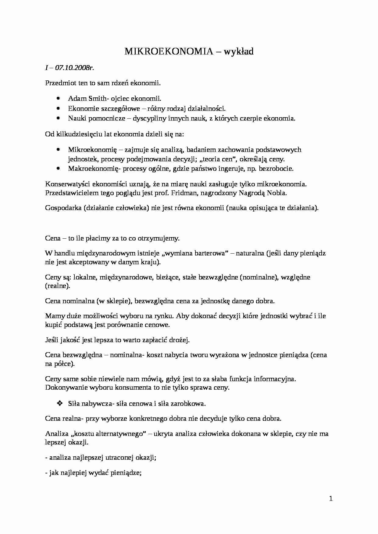 Mikroekonomia - Wykłady 1 semestr - strona 1