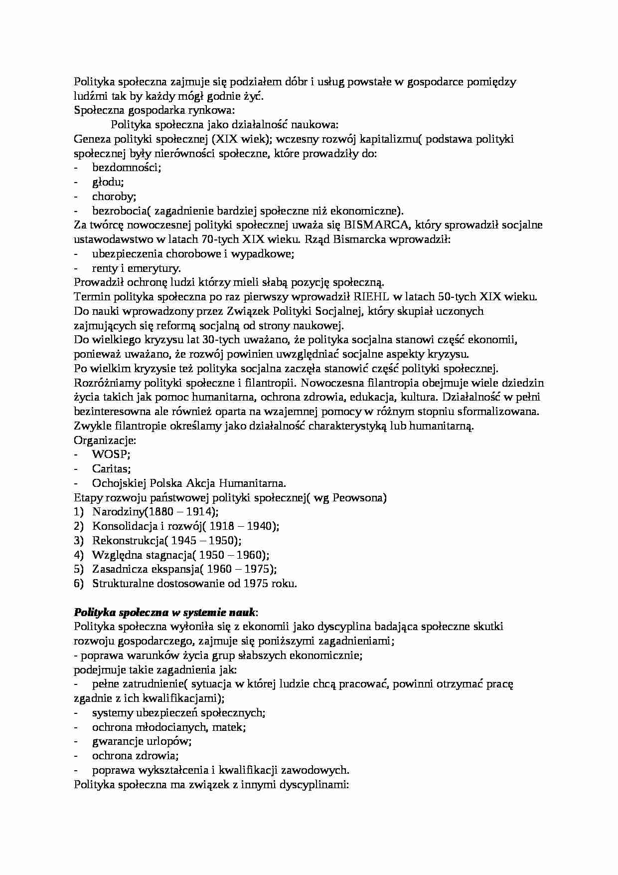 polityka społeczna i zdrowotna - Opracowanie wykładów - strona 1