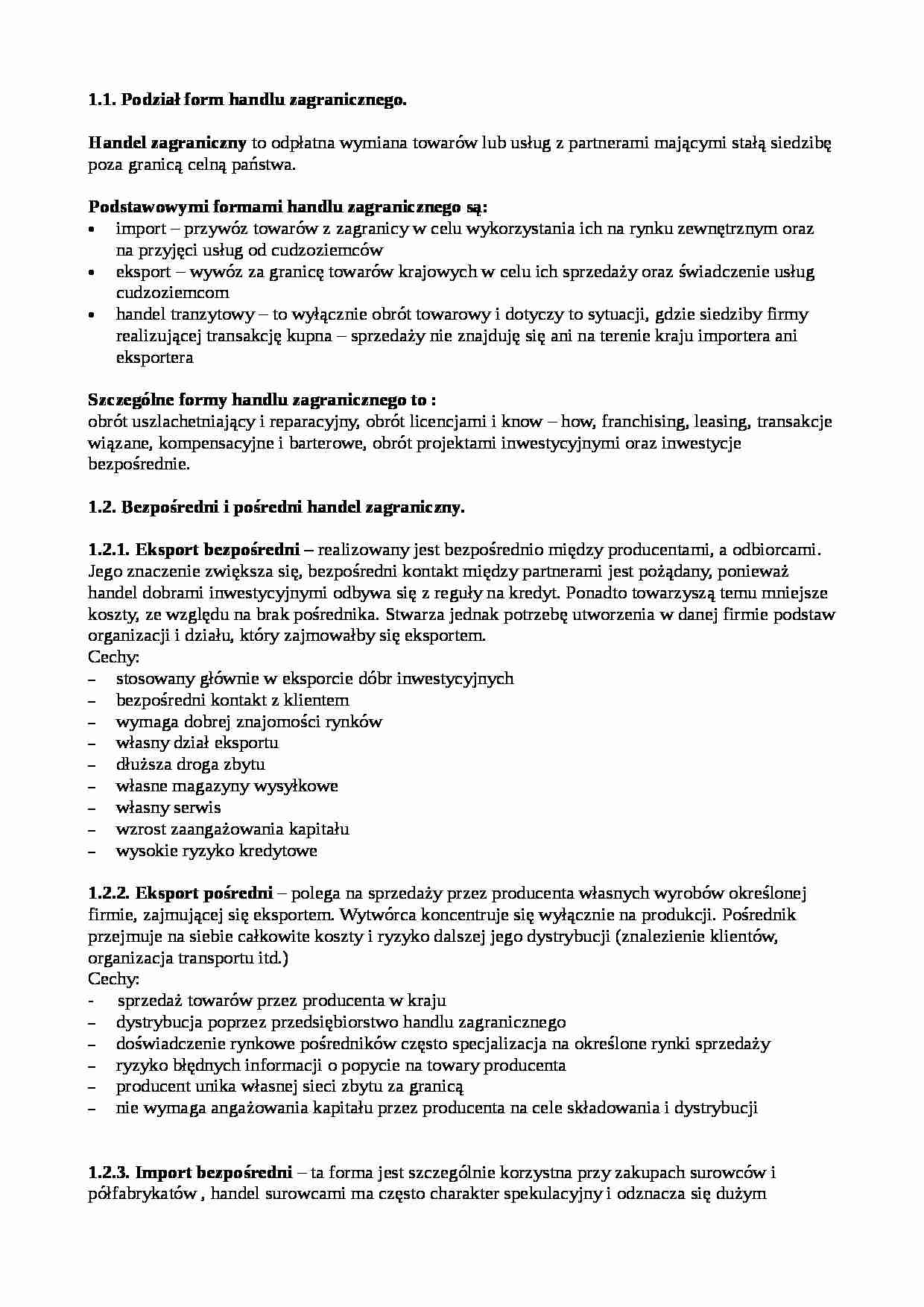 Formy handlu zagranicznego - opracowanie - strona 1