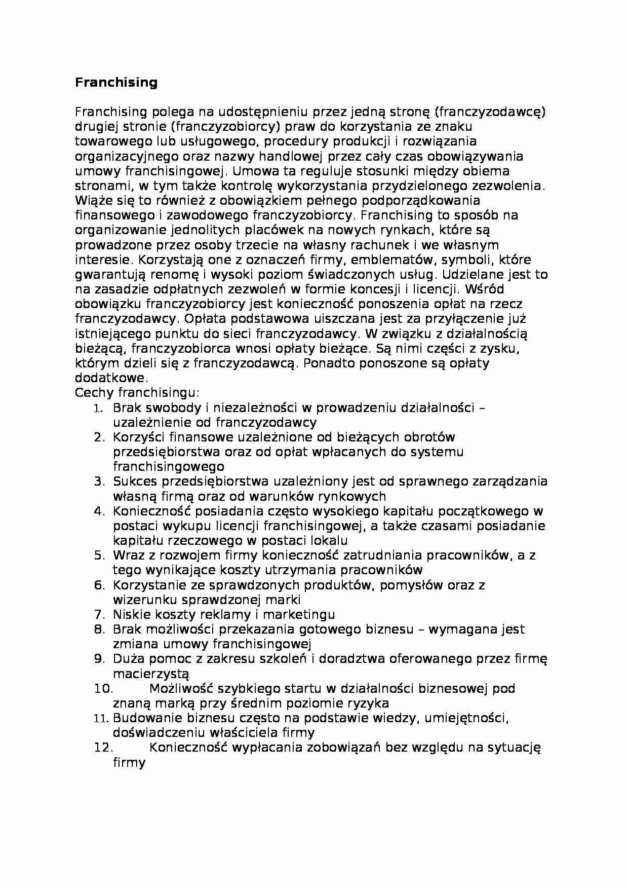 Franchising - omówienie zagadnienia - strona 1