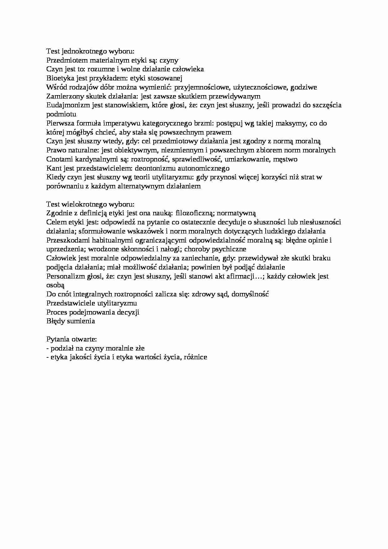 Przykładowe pytania na egzamin - etyka - strona 1
