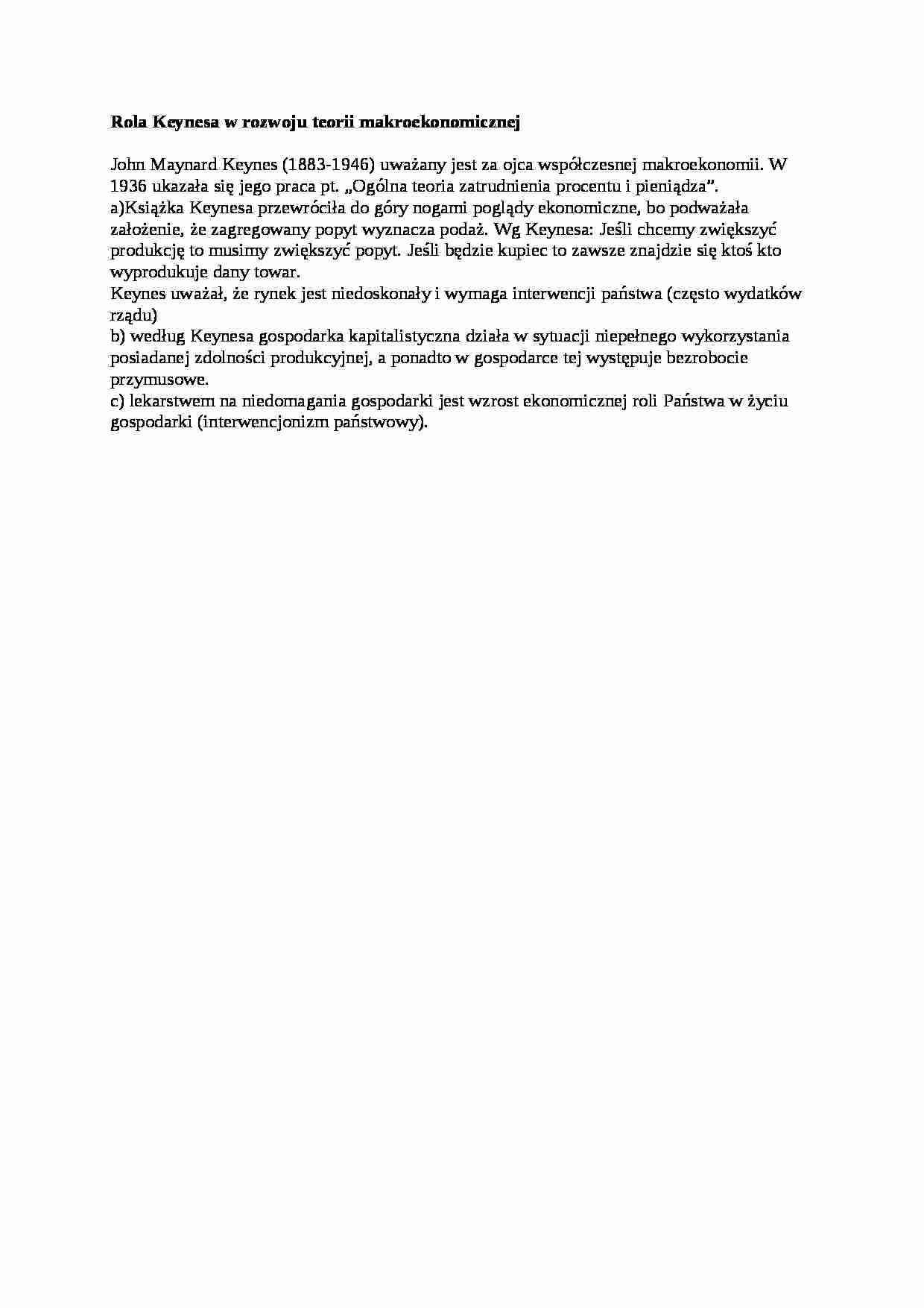 Rola Keynesa w rozwoju teorii makroekonomicznej - strona 1