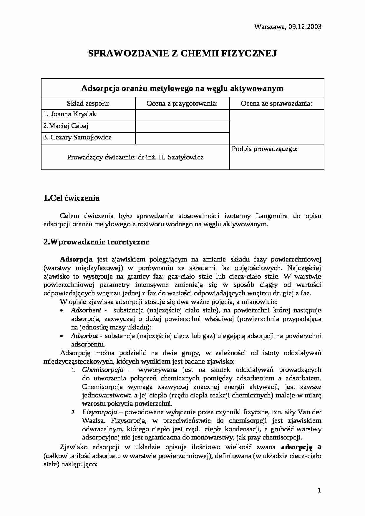 Adsorpcja - Chemisorpcja - sprawozdanie - strona 1