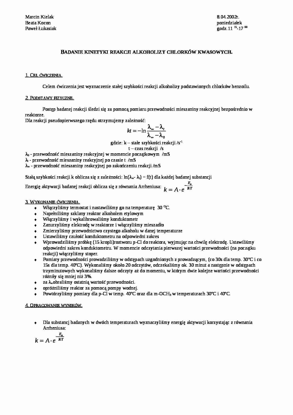 Badanie kinetyki reakcji alkoholizy chlorków kwasowych - wykład - strona 1