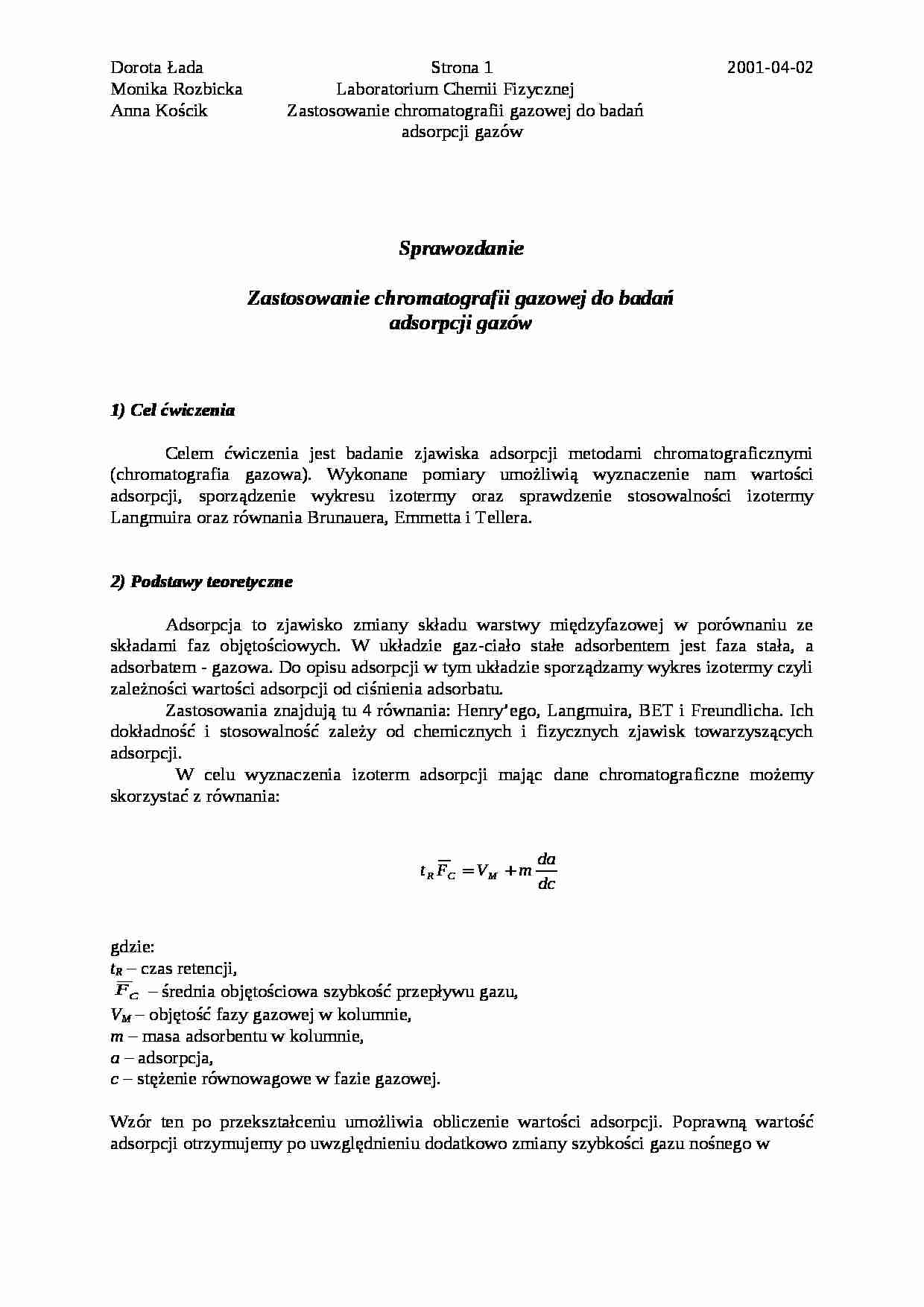 Chromatografia gazowa - sprawozdanie - strona 1