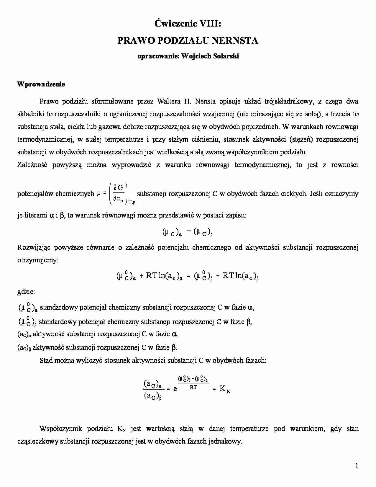 Prawo podziału Nersta - ćwiczenia - strona 1