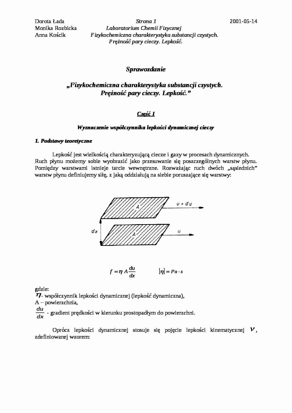 Prężność pary cieczy. Lepkość - sprawozdanie - strona 1