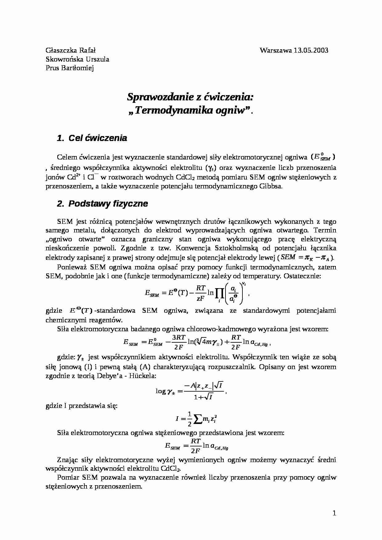 Termodynamika ogniw - sprawozdanie - strona 1