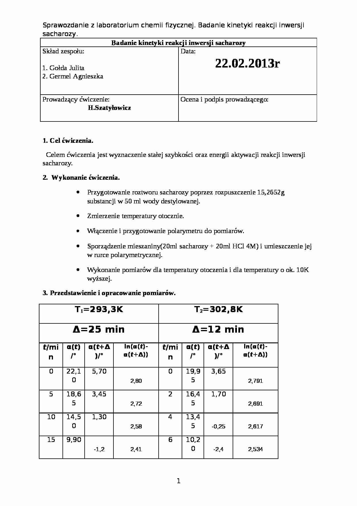 Kinetyka reakcji inwersji sacharozy - wykład - strona 1