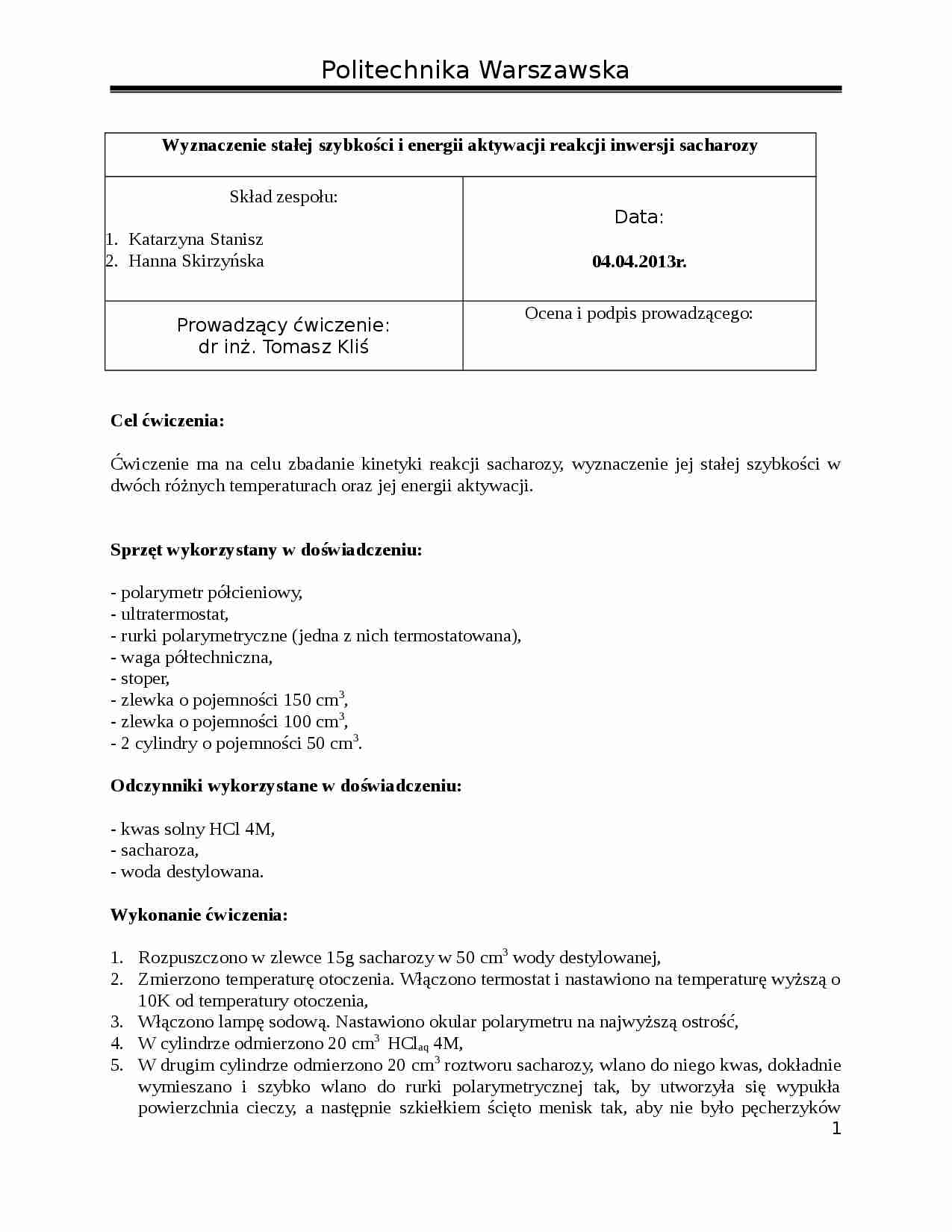 Wyznaczenie reakcji inwersji sacharozy - wykład - strona 1