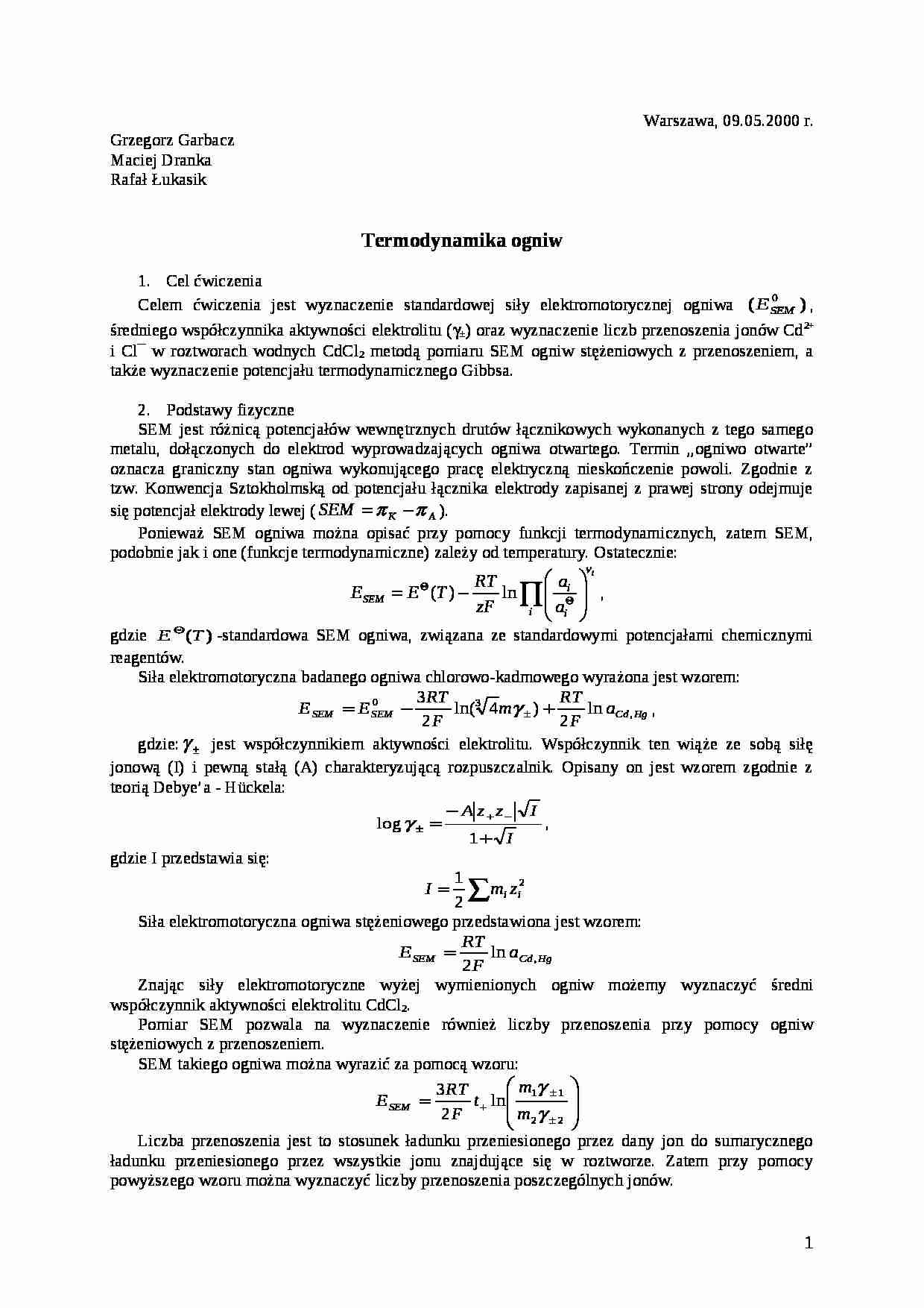 Termodynamika ogniw - ćwiczenia - strona 1