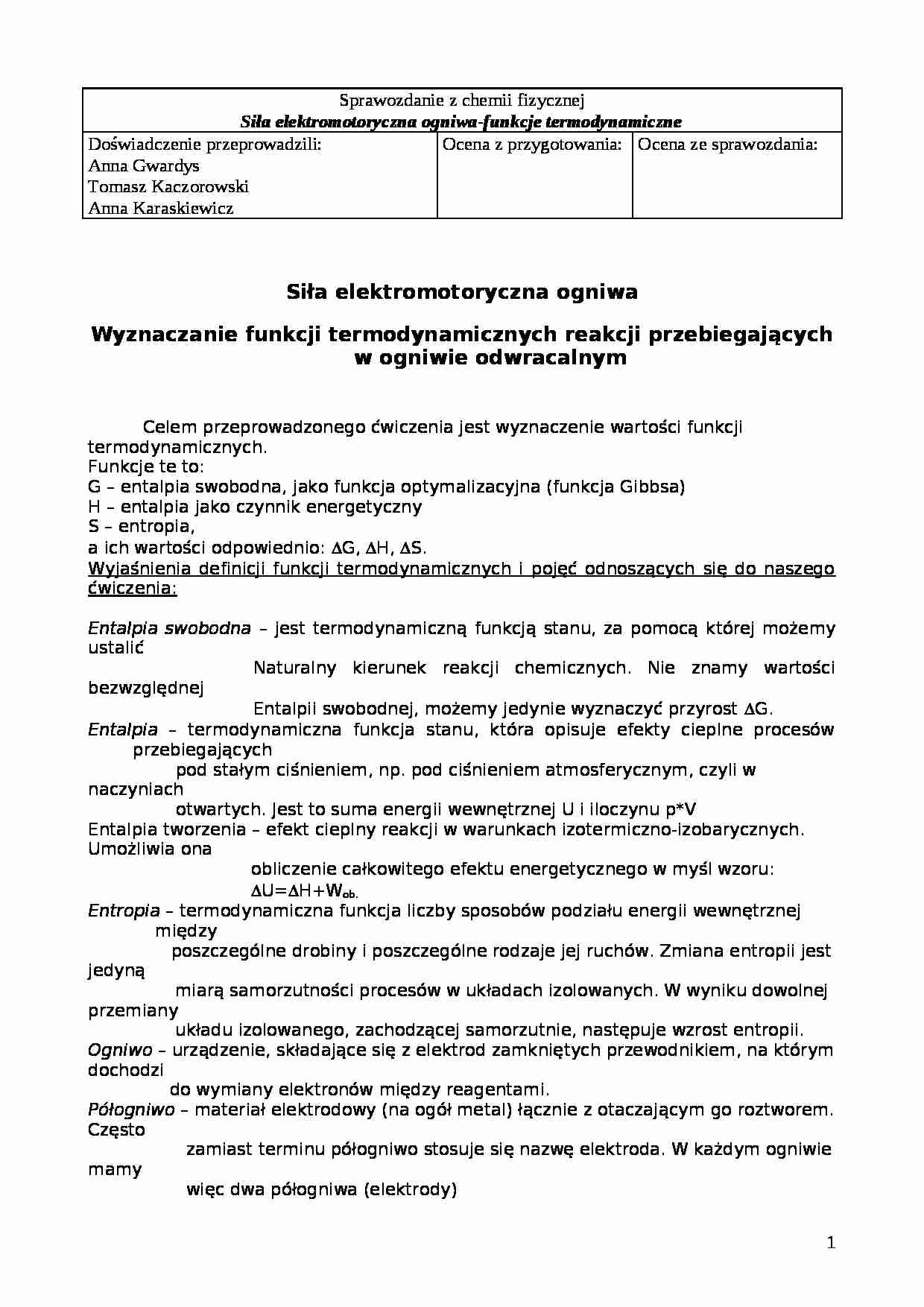 Siła elektromotoryczna ogniwa-funkcje termodynamiczne - sprawozdanie - strona 1