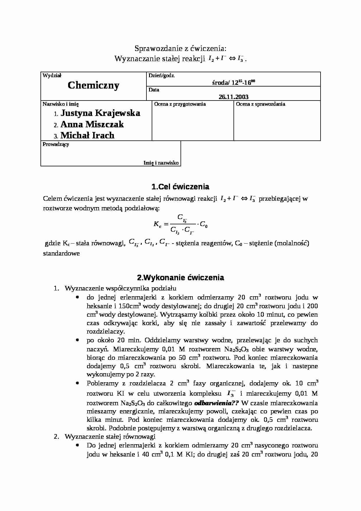 Sprawozdanie - stała równowagi reakcji - strona 1