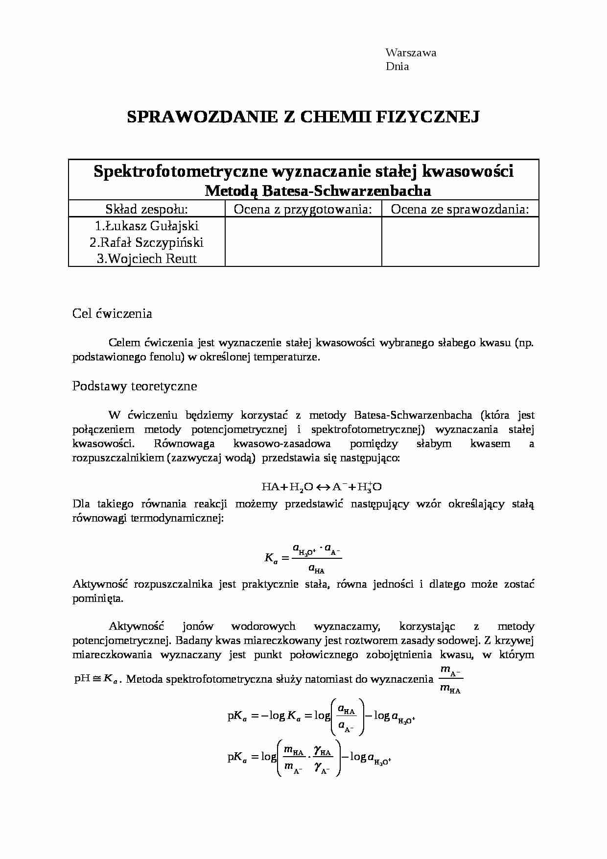Stałe kwasowości - sprawozdanie - strona 1