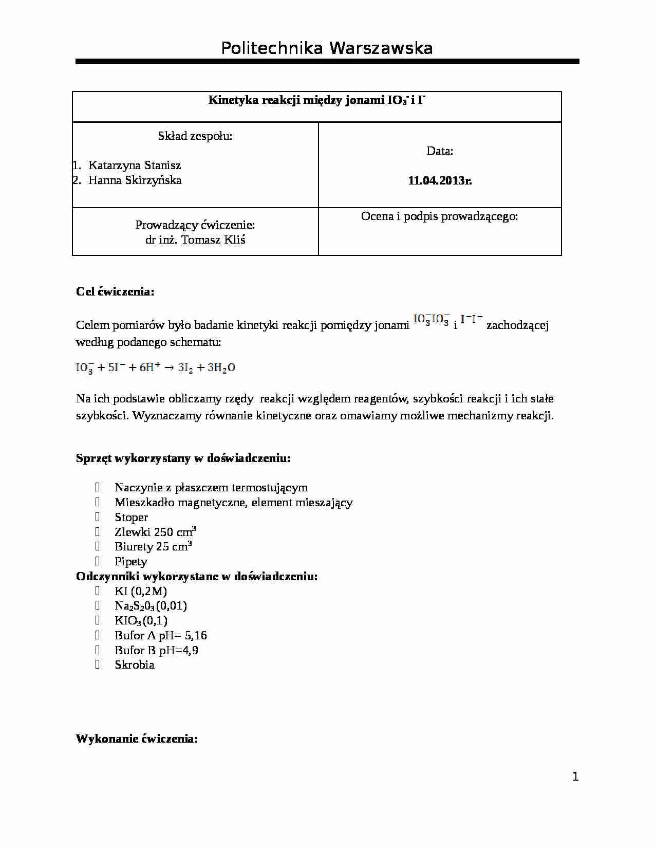 Kinetyka reakcji między jonami IO3- i I- - wykład - strona 1